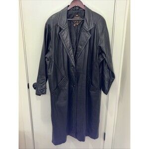 Charles Klein Long Black Leather Trench Coat Vintage XL
